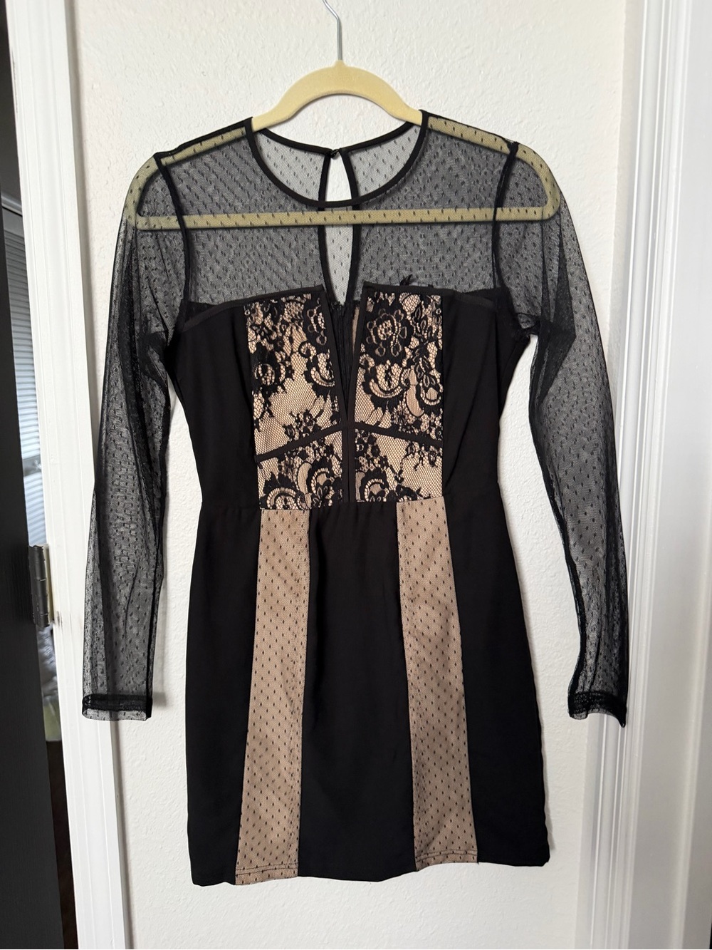 Black & Nude Lace-Inset Long Sleeve Cocktail Dress